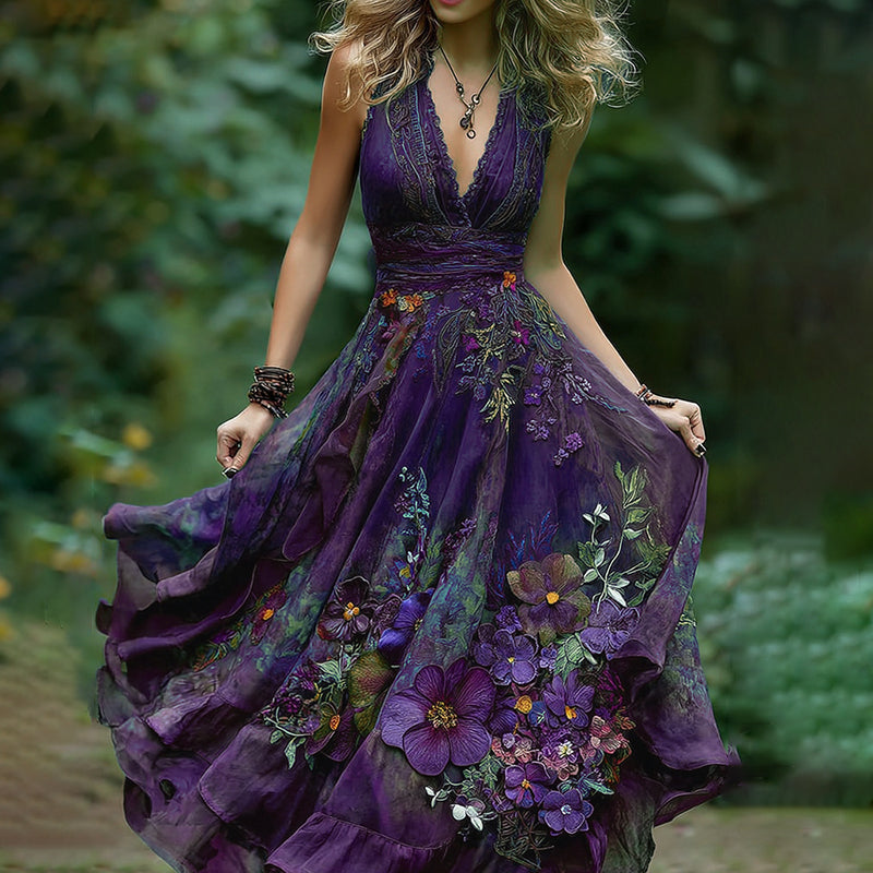 Vintage Embroidered Pansy Floral Vest Maxi Dress artswardrobe