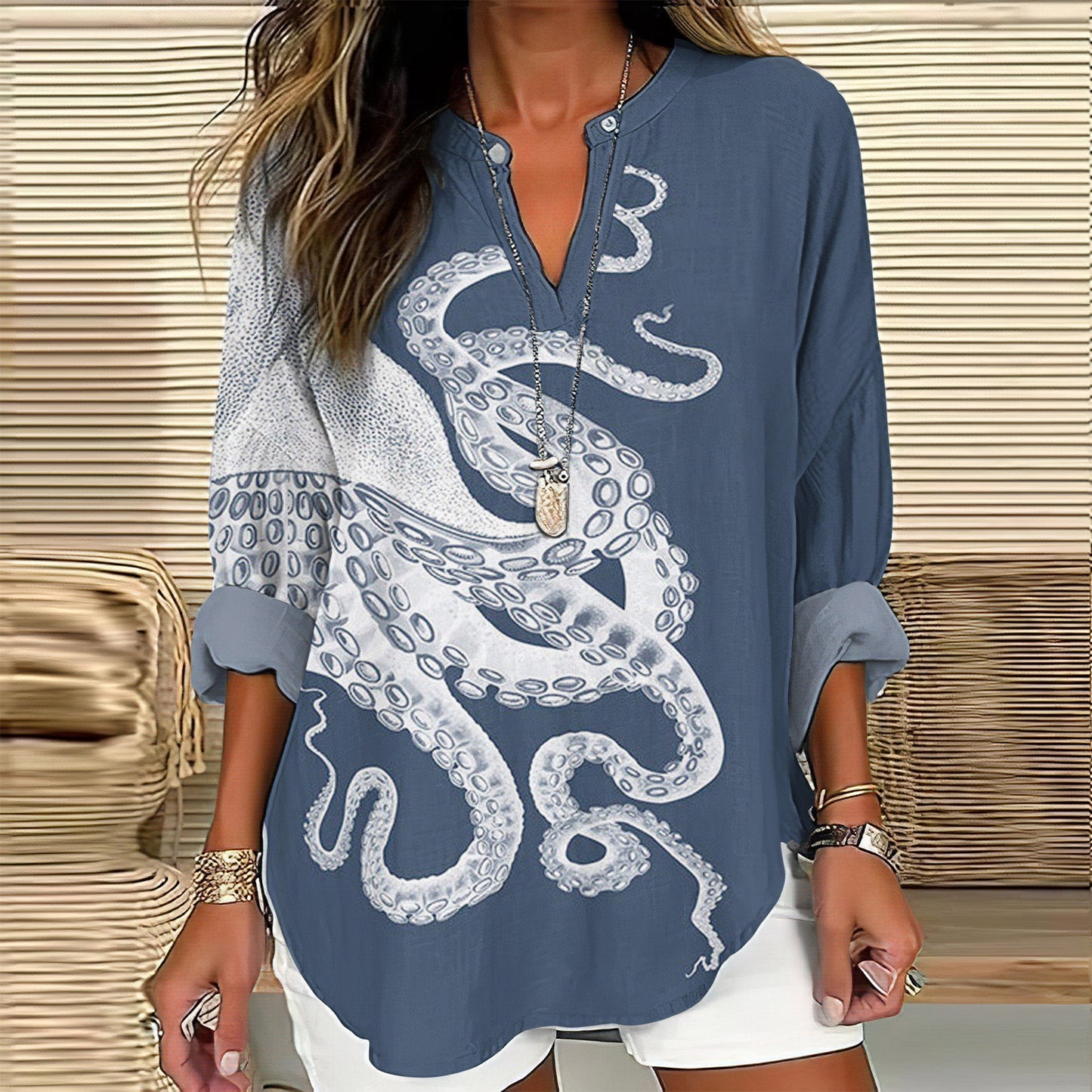 Comstylish Japanese Art Octopus Print V-Neck Loose Blouse