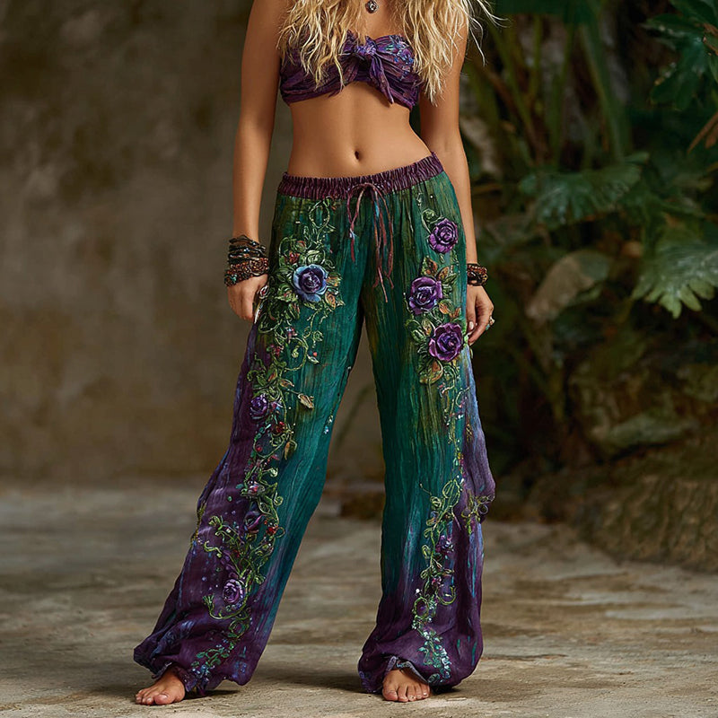 Women's Vintage Rose Floral Pattern Casual Wide Leg Pants artswardrobe