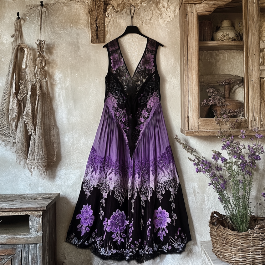 Bohemian Lavender Embroidery Patchwork Art Sleeveless Cozy Linen Maxi Dress artswardrobe