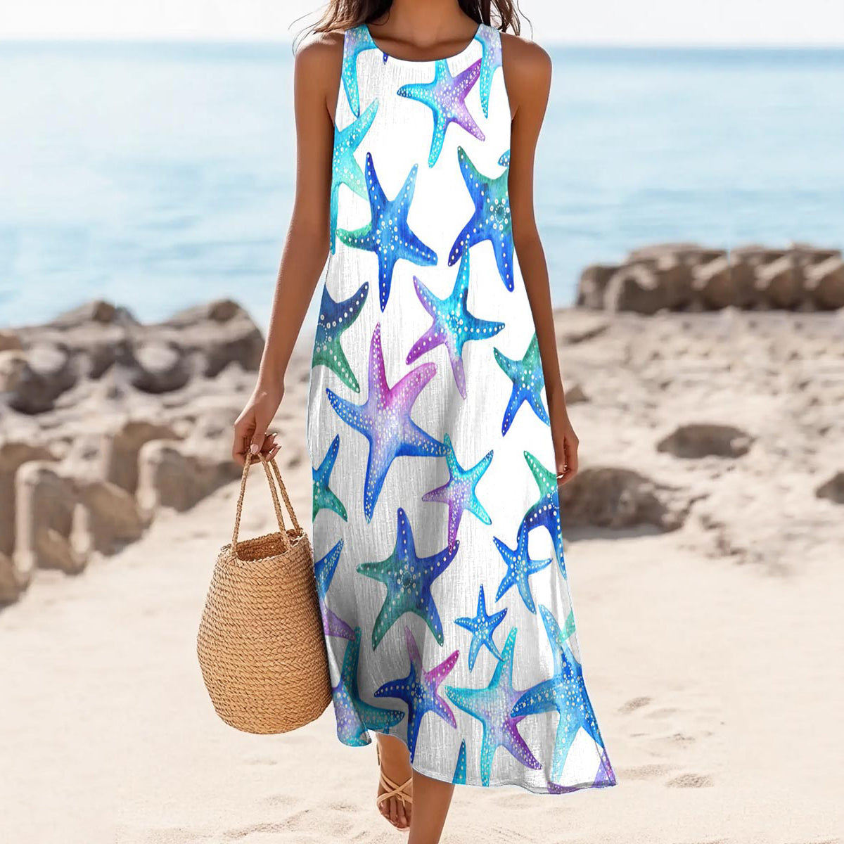 Women's Vintage Starfish Art Print Cotton And Linen Dress artswardrobe