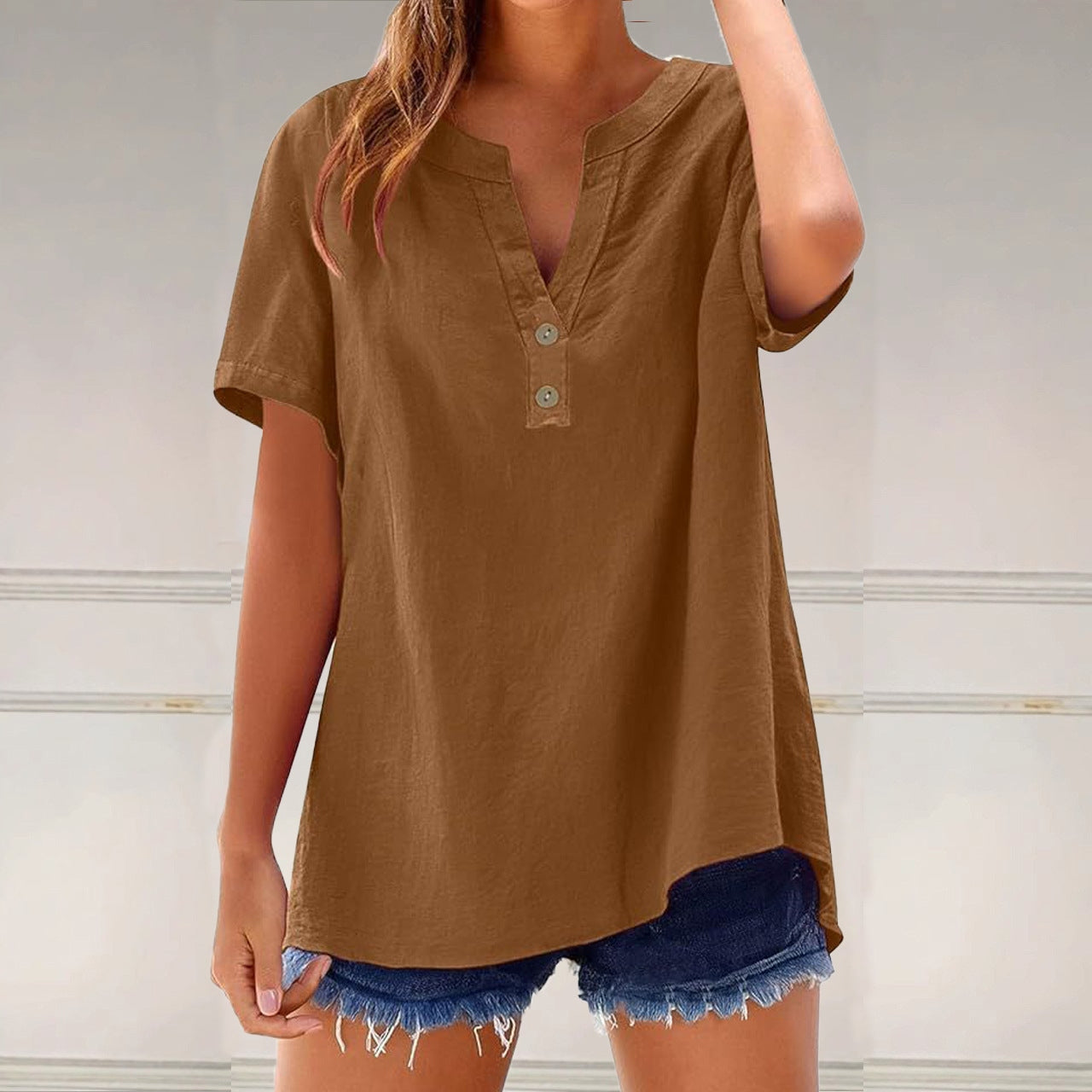Comstylish Solid Color Linen Blended V-neck Loose Blouse