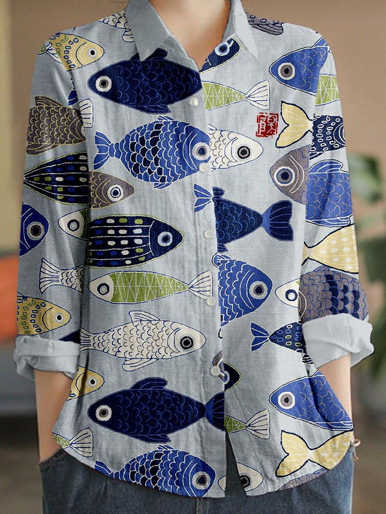 Comstylish Vintage Fish Japanese Art Linen Blend Blouse