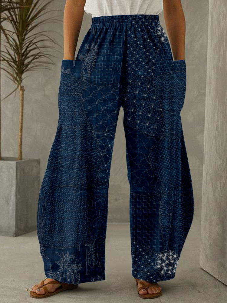 Comstylish Japanese Traditional Sashiko Art Wide Leg Casual Pants