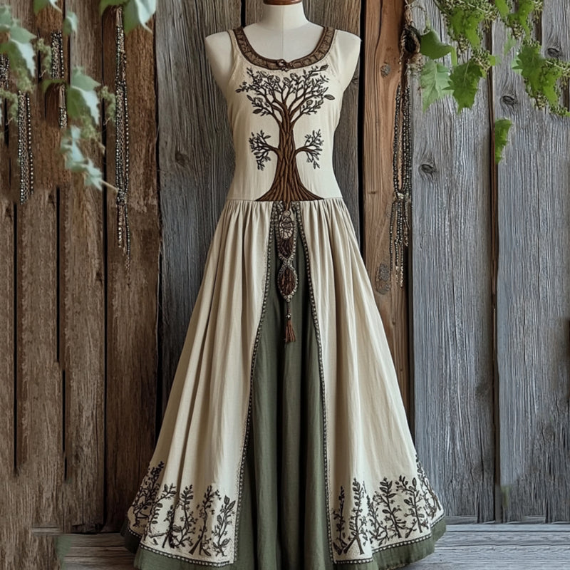 Vintage Viking Celtic Tree Pattern Linen Comfy Tank Dress artswardrobe