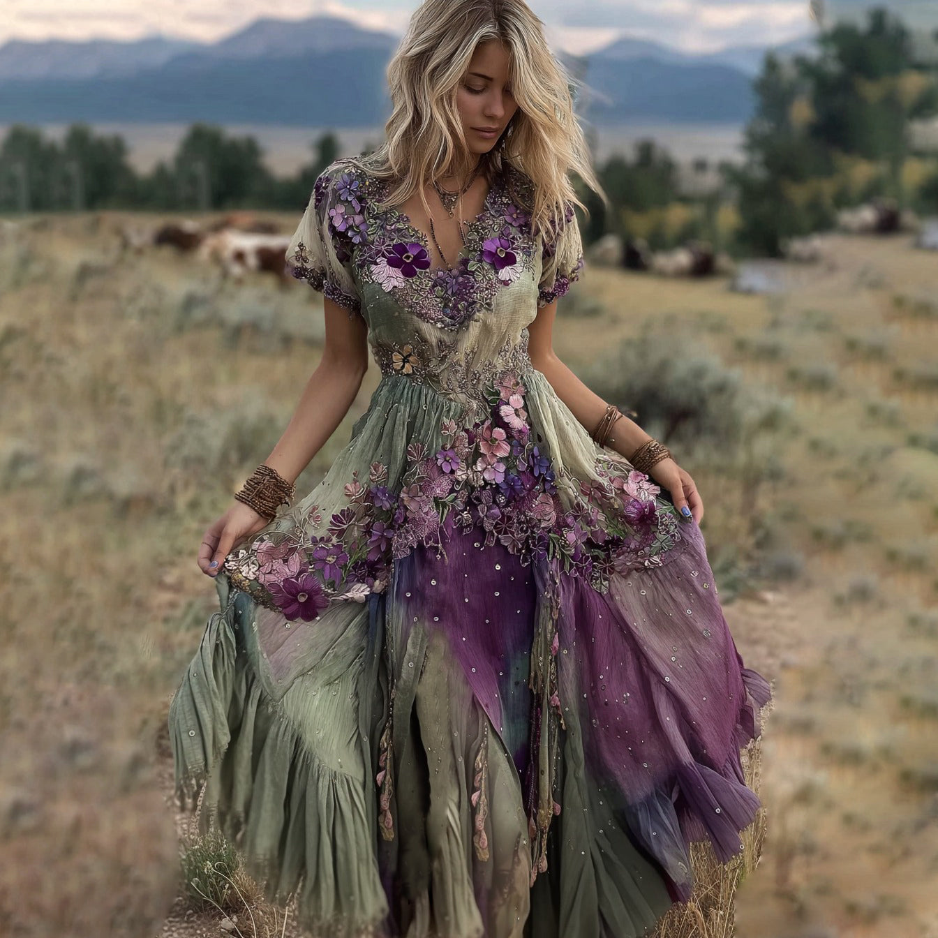 Vintage Gradient Purple Pansy Embroidered Linen Maxi Dress artswardrobe