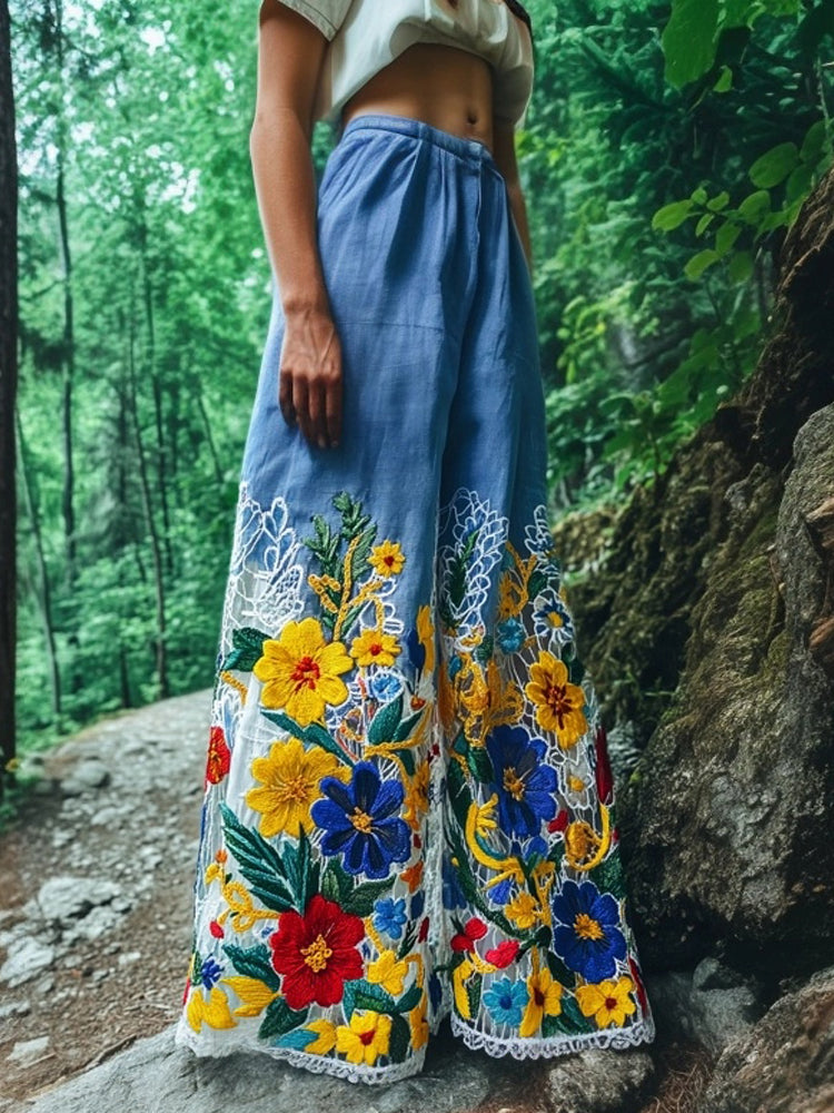 Vintage Floral Lace Embroidered Gradient Linen Pants artswardrobe