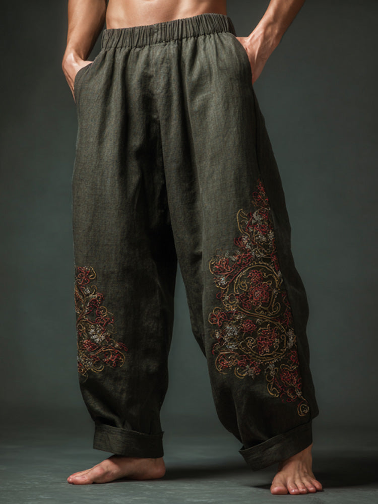 Men's Retro Bohemian Plant And Floral Embroidered Print Pants artswardrobe