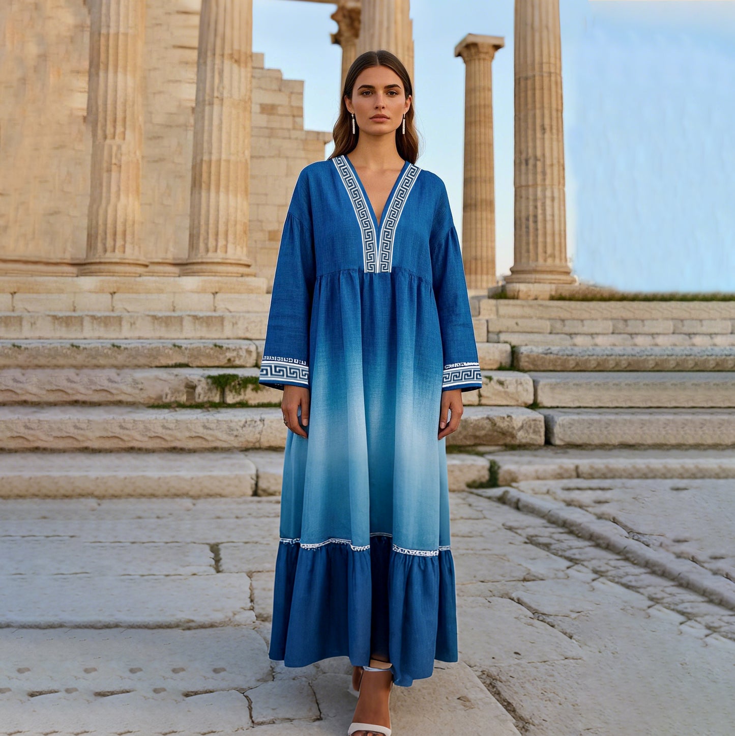 Gradient Greek Key V Neck Linen Blend Mixi Dress artswardrobe