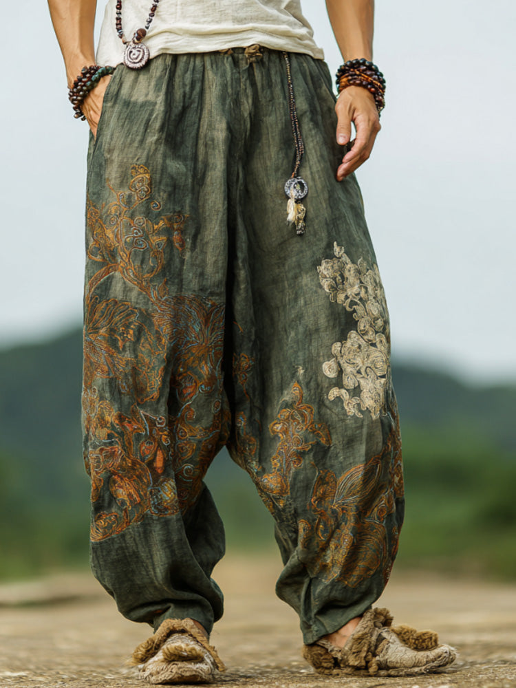 Men's Retro Bohemian Plant And Floral Embroidered Print Pants artswardrobe