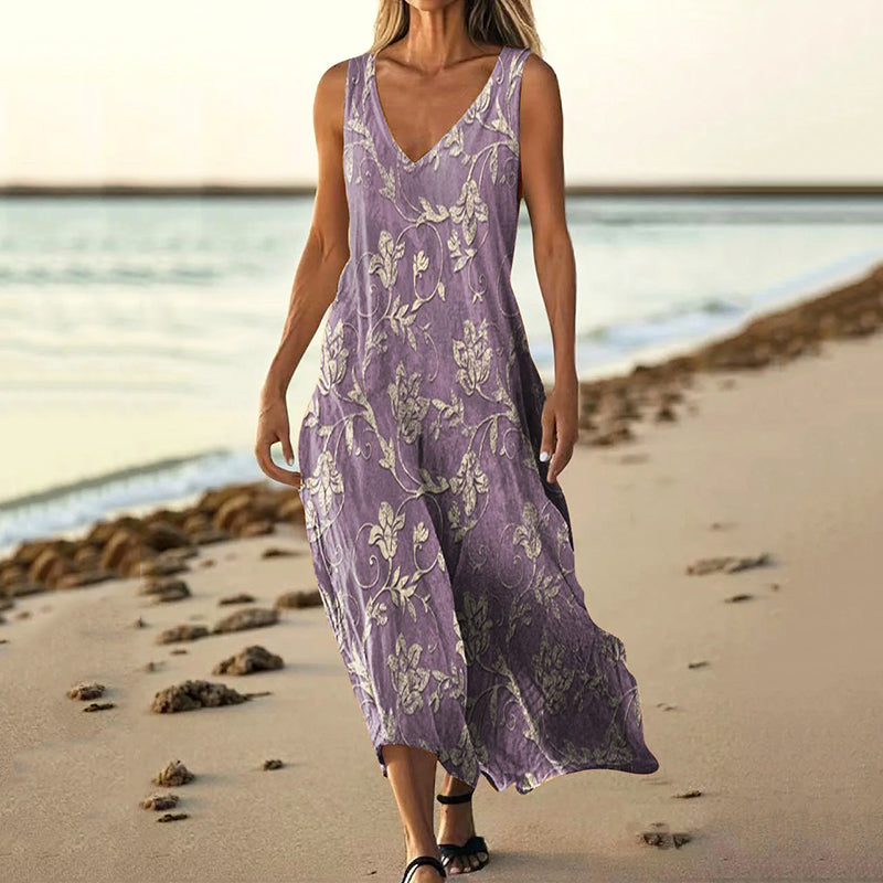 Women's Folk Art Floral V-neck Sleeveless Dress artswardrobe