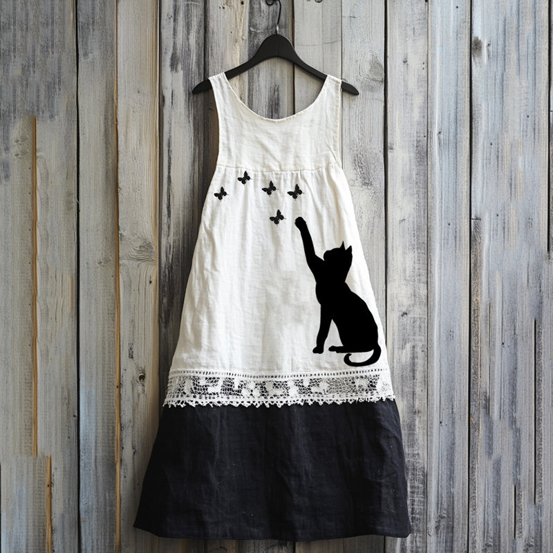 Vintage Abstract Creative Cute Black Cat Play With Butterfly Art Linen Tank Dress artswardrobe