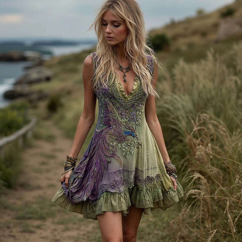 Women's Vintage Viking Celtic Knot Phoenix Art Pattern Midi Dress artswardrobe