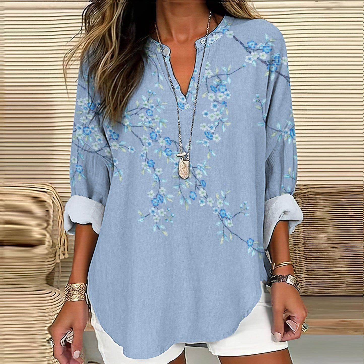 Comstylish Floral Print V-Neck Loose Blouse