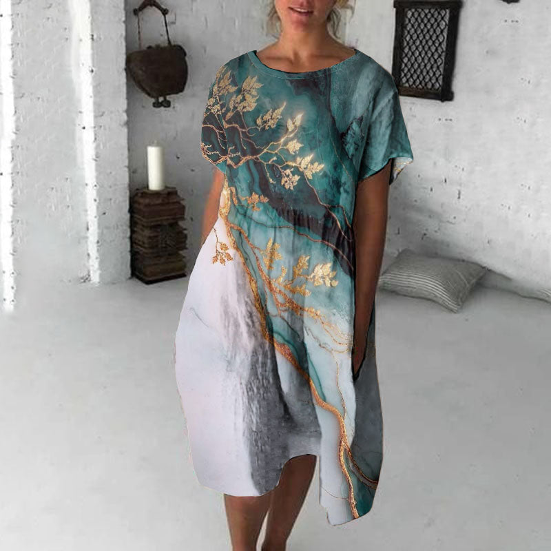 Vintage Marble Texture Collection Retro Bohemia Women Style Gradient Gilded With Gold Floral Pattern Linen Maxi Dress artswardrobe