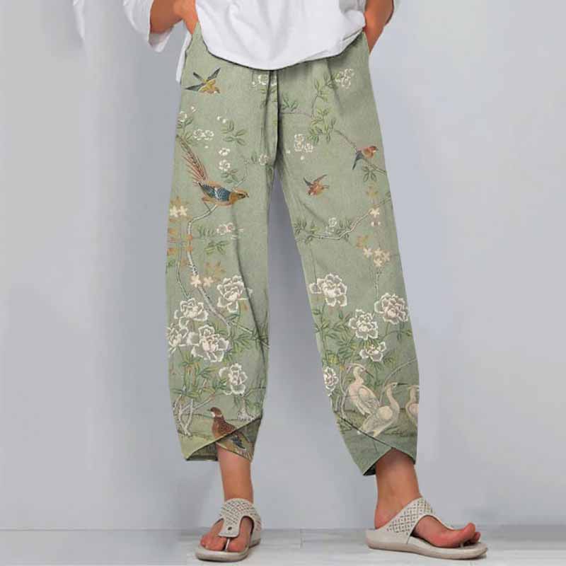 Comstylish Floral Bird Print Loose Casual Pants
