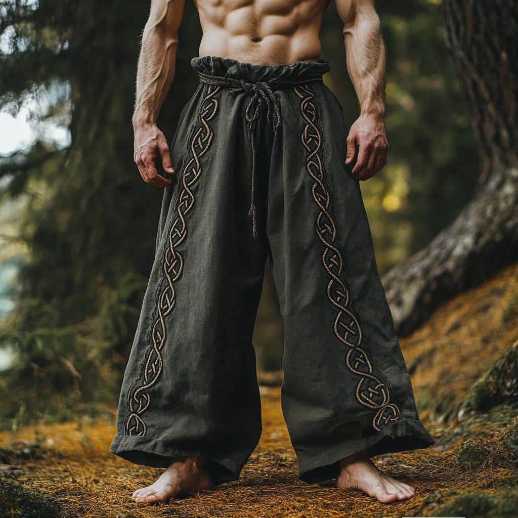 Vintage Tribal Viking Celtic Embroidery Art Linen Long Loose Wide-leg Pants artswardrobe