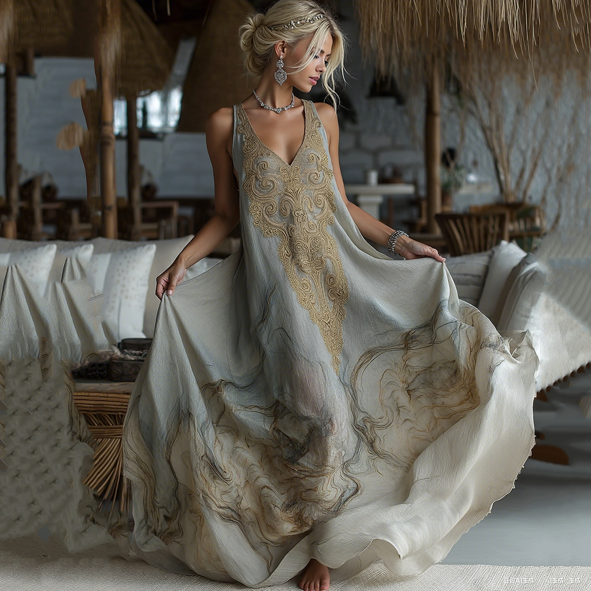 Vintage Marble Texture Collection Retro Bohemia Women Style Gradient Gilded Pattern Linen Maxi Dress artswardrobe