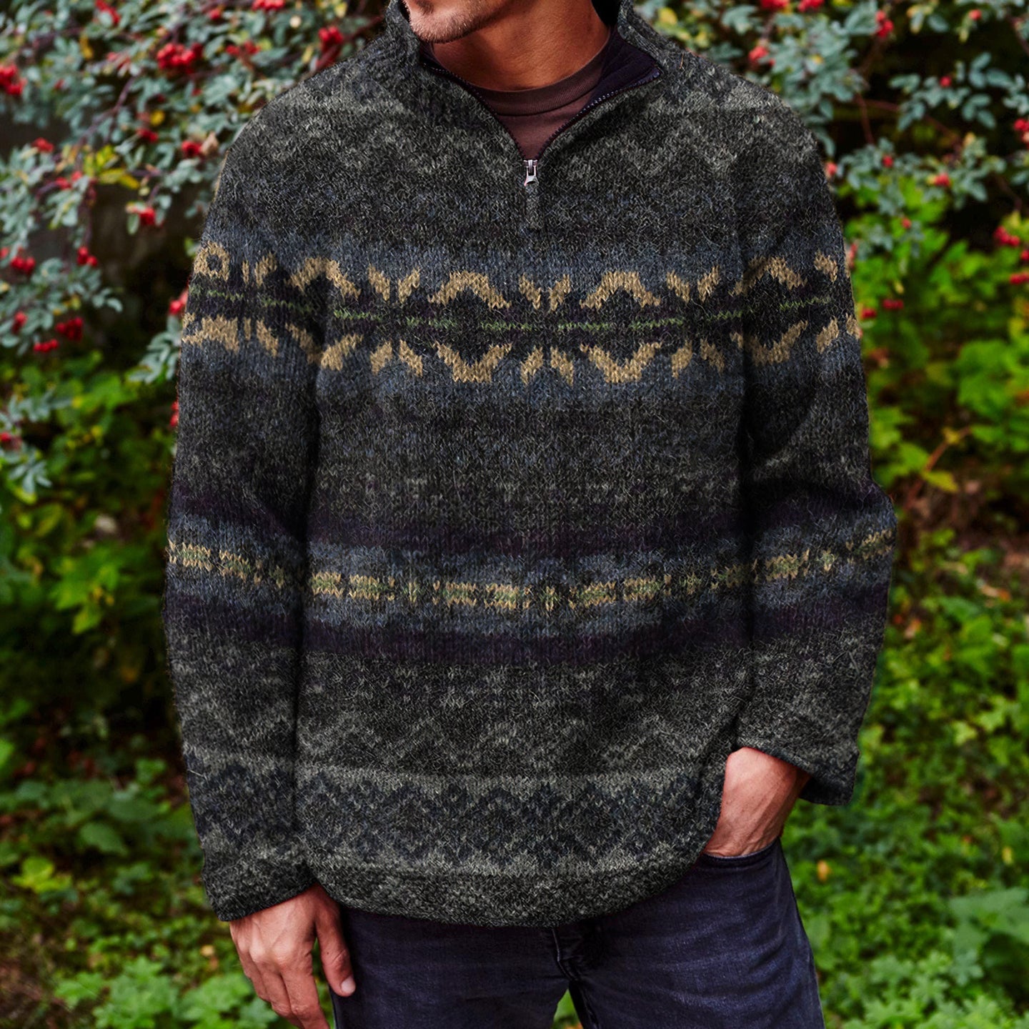 Vintage Geometry Jacquard Stand Collar Zipper Sweater elevenforest