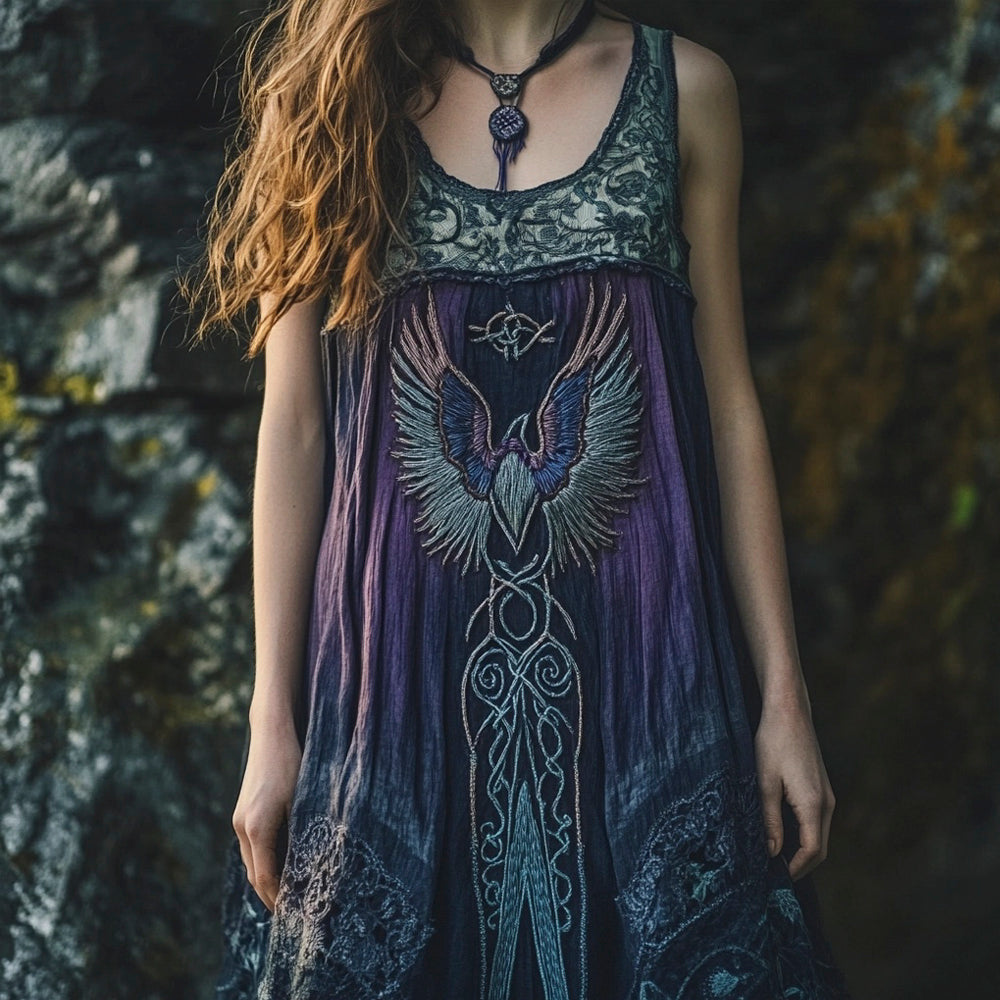 Raven Embroidered Vintage Lace Women's Linen Vest Dress artswardrobe