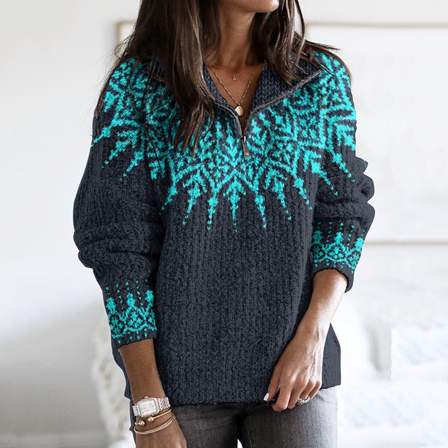 Vintage Fairman Island Geometric Knitted Jacquard Zipper Stand Collar Sweater elevenforest