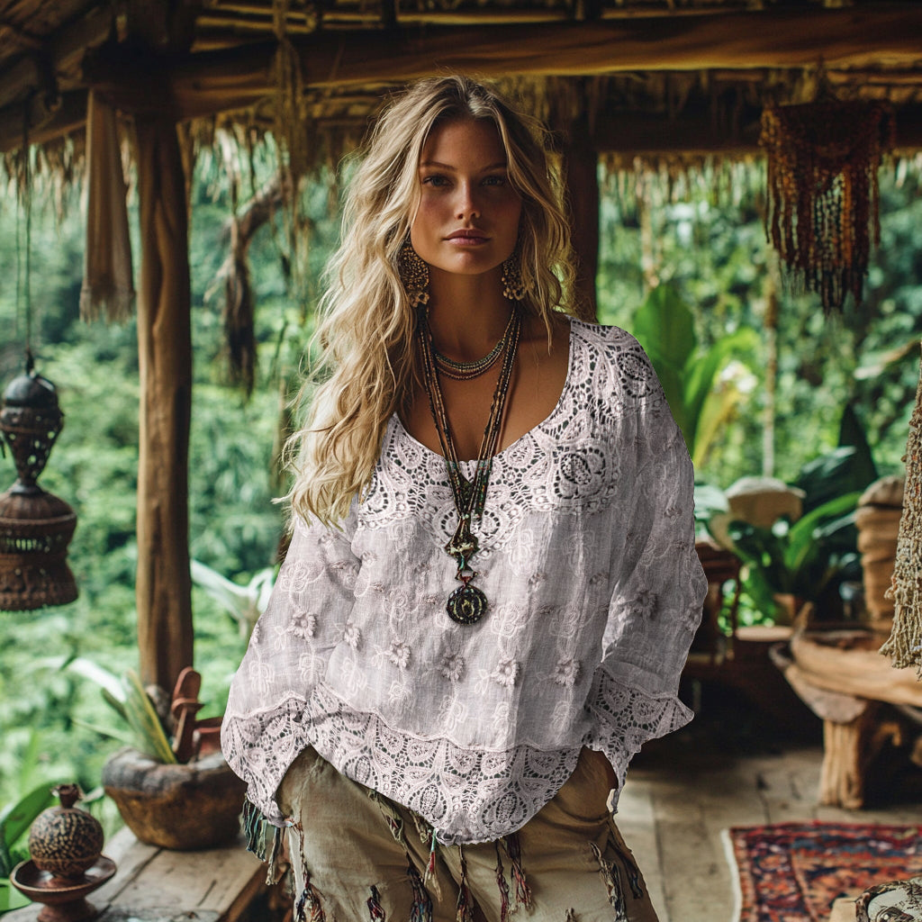 Comstylish Retro Bohemian Floral Lace Art Cotton And Linen Blend Loose Blouse