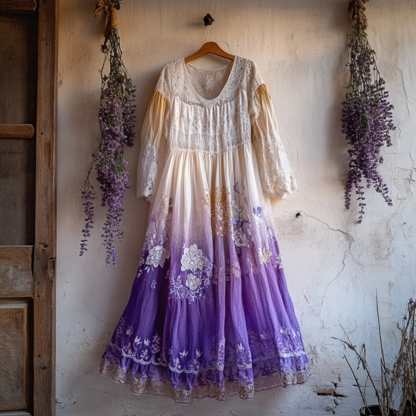 Vintage Boho Lavender Gradient Lace Art Linen V Neck Maxi Dress artswardrobe