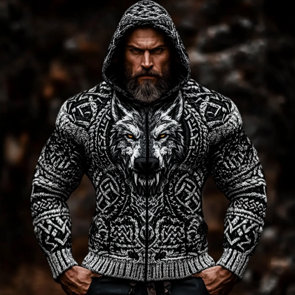 Men's Viking Wolf Jacquard Celtic Chunky Knit Zip-up Hooded Sweater elevenforest