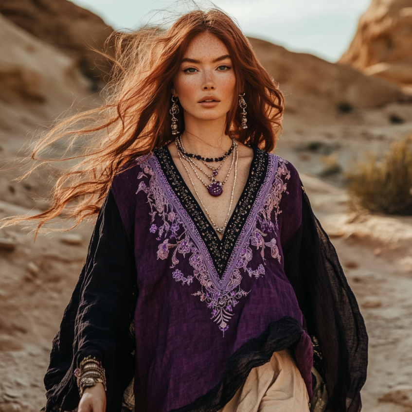 Comstylish Boho Lavender Floral Embroidery Print Cotton And Linen Blend Loose Blouse