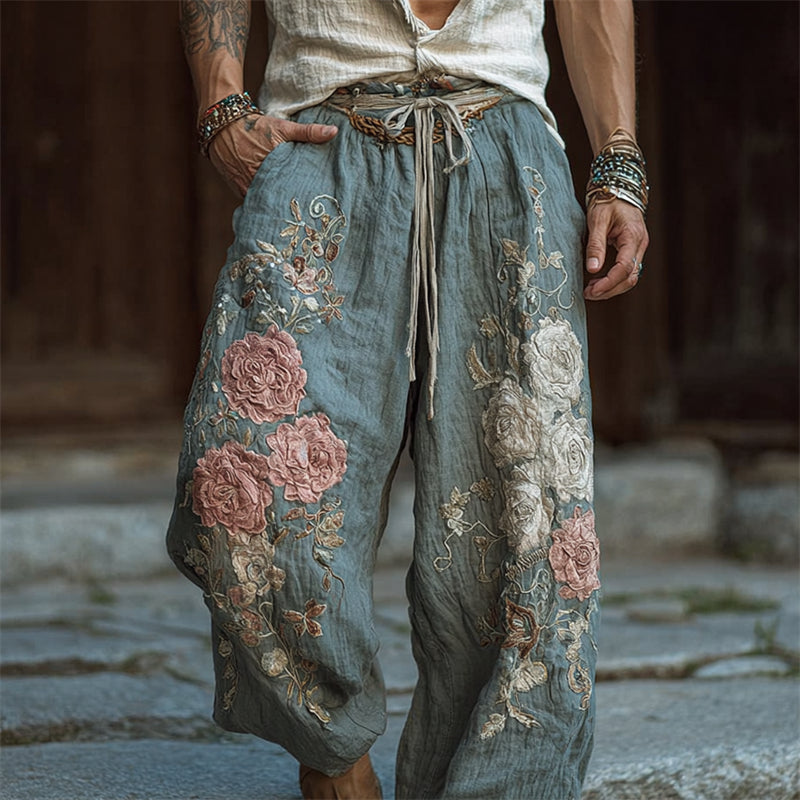 Men's Boho Roses Floral Embroidered Wide Leg Linen Pants artswardrobe