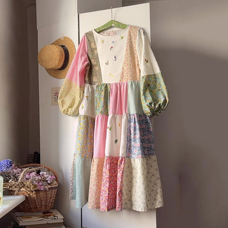 Women's Vintage Bohemian Floral Patch Comfort Dress artswardrobe