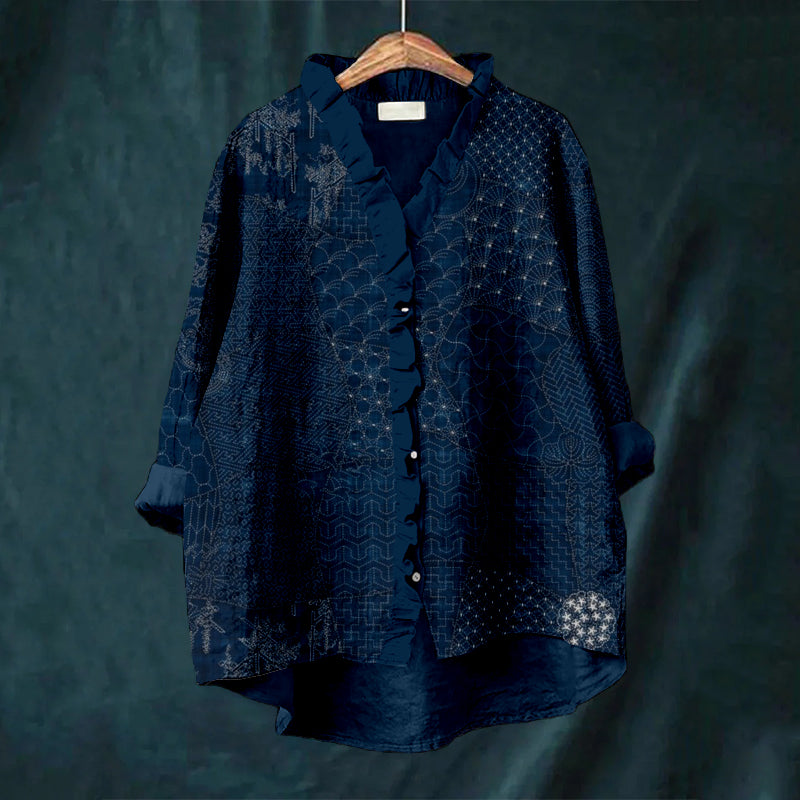 Comstylish Japanese Traditional Sashiko Art Ruffle Trim Linen Blouse