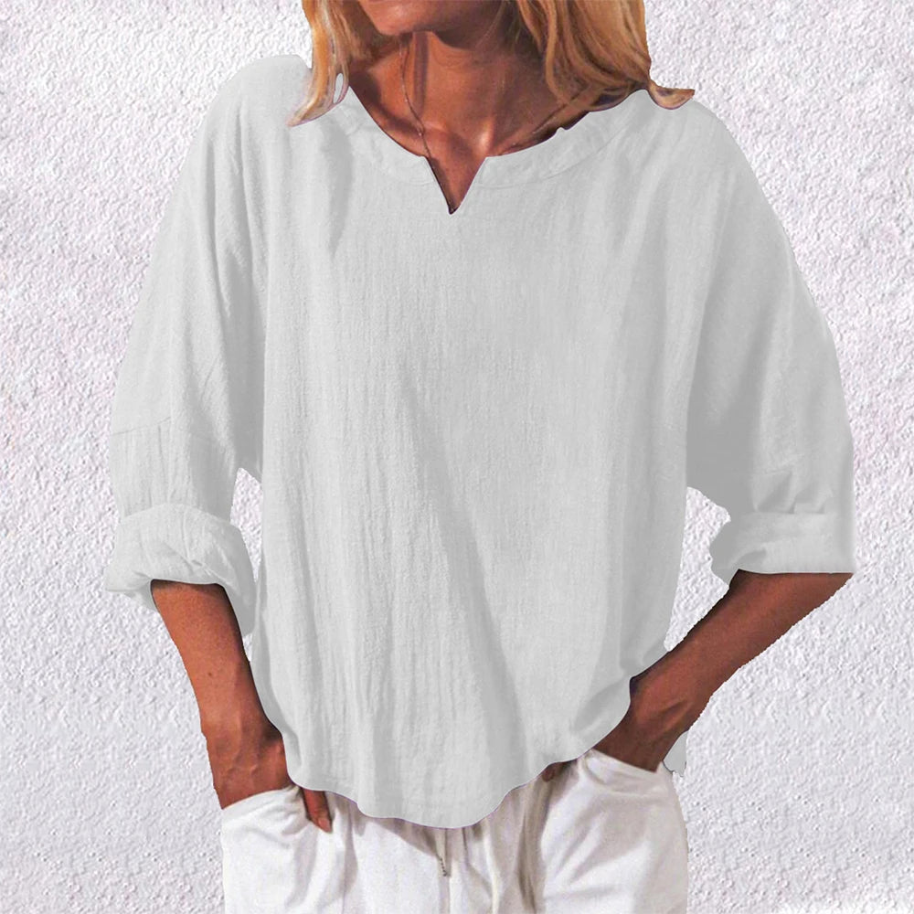 Comstylish Casual Loose V-Neck Linen Long Sleeved Blouse