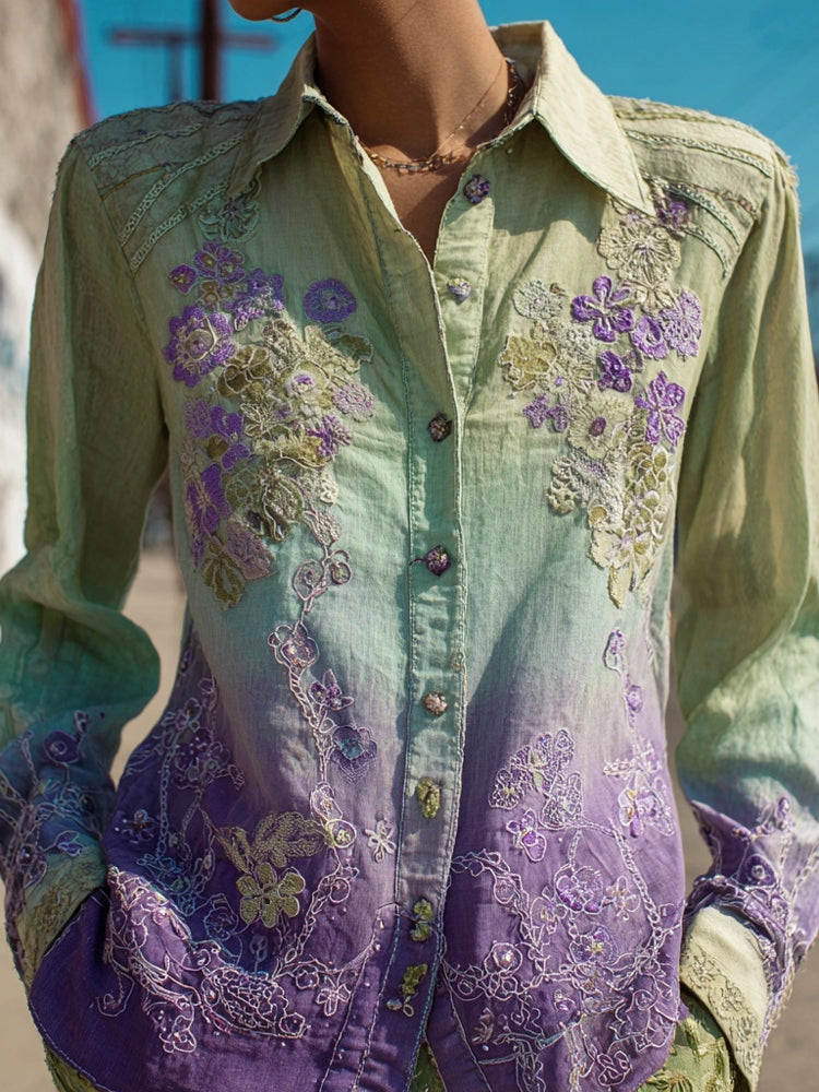 Comstylish Vintage Purple Flowers Embroidered Gradient Linen Blouse