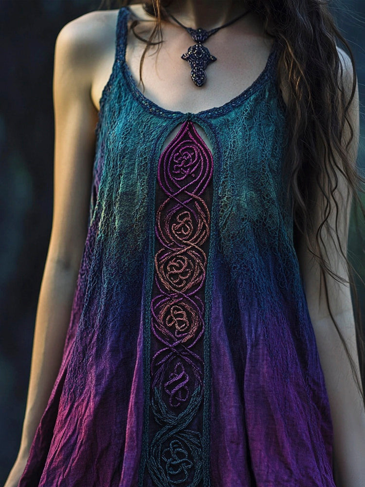 Vintage Celtic Knot Gradient Lace Linen Halter Dress artswardrobe