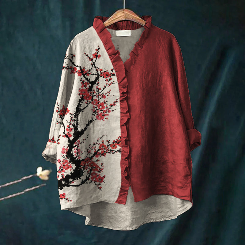 Comstylish Red Plum Blossom Japanese Art Contrast Ruffle Trim Linen Blouse