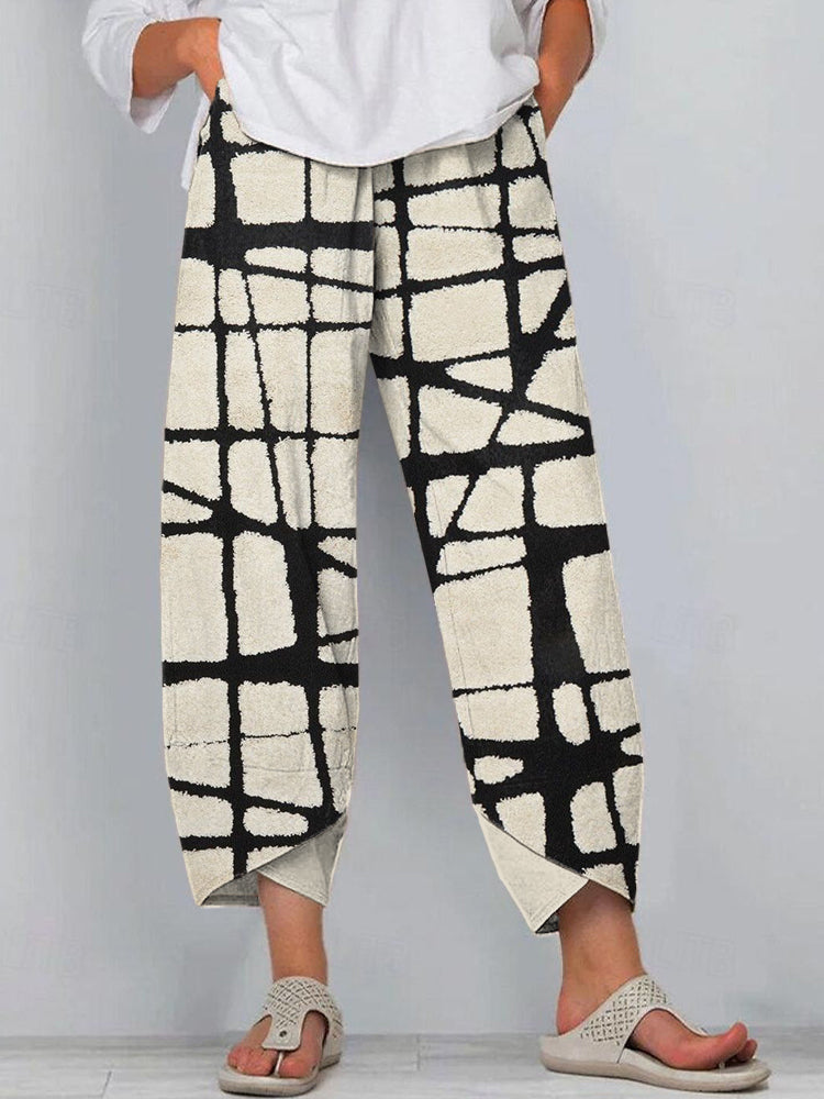 Comstylish Abstract Art Line Print Linen Blend Pants