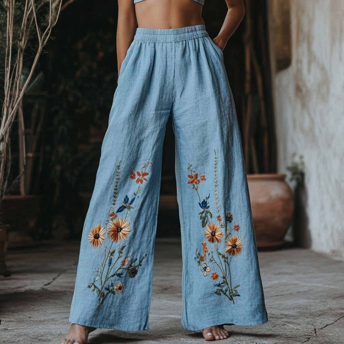 Women's Floral Embroidered Pattern Linen Blend Casual Pants artswardrobe