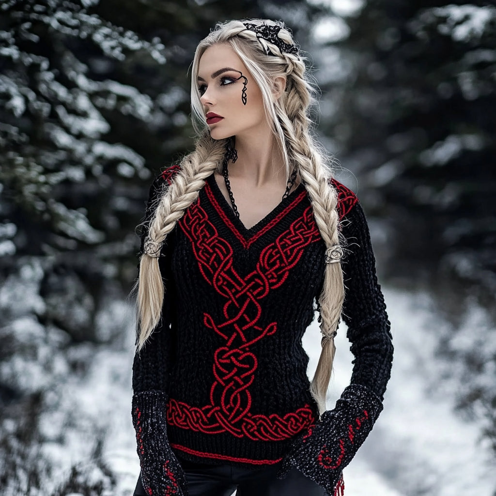Women's Viking Celtic Pattern V-neck Cozy Knit Sweater elevenforest