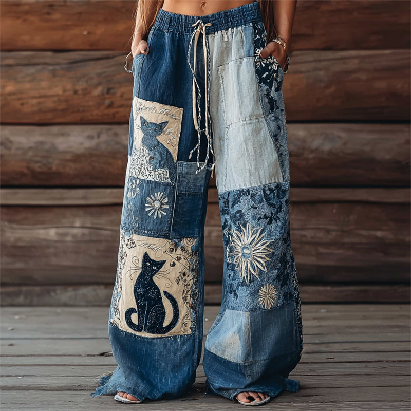 Comstylish Boho Cats Floral Denim Fiber Art Patchwork Wide Leg Pants