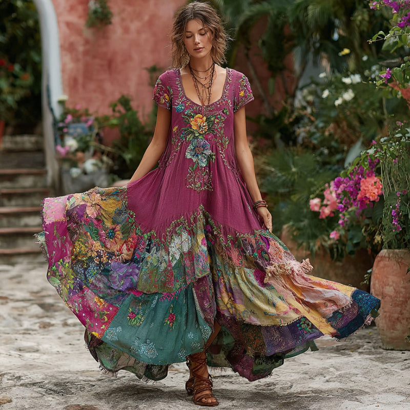Women's Retro Flower Embroidery Patchwork Art Round Neck Short Sleeve Maxi Dress artswardrobe