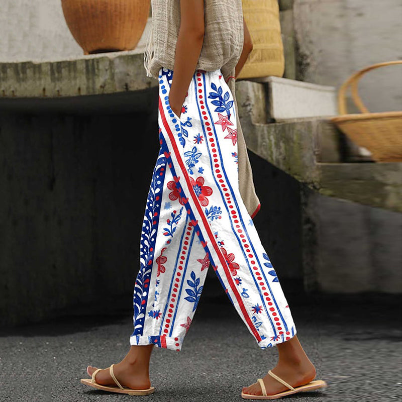 Women's Red White Blue Floral Stripes Print Casual Pants artswardrobe