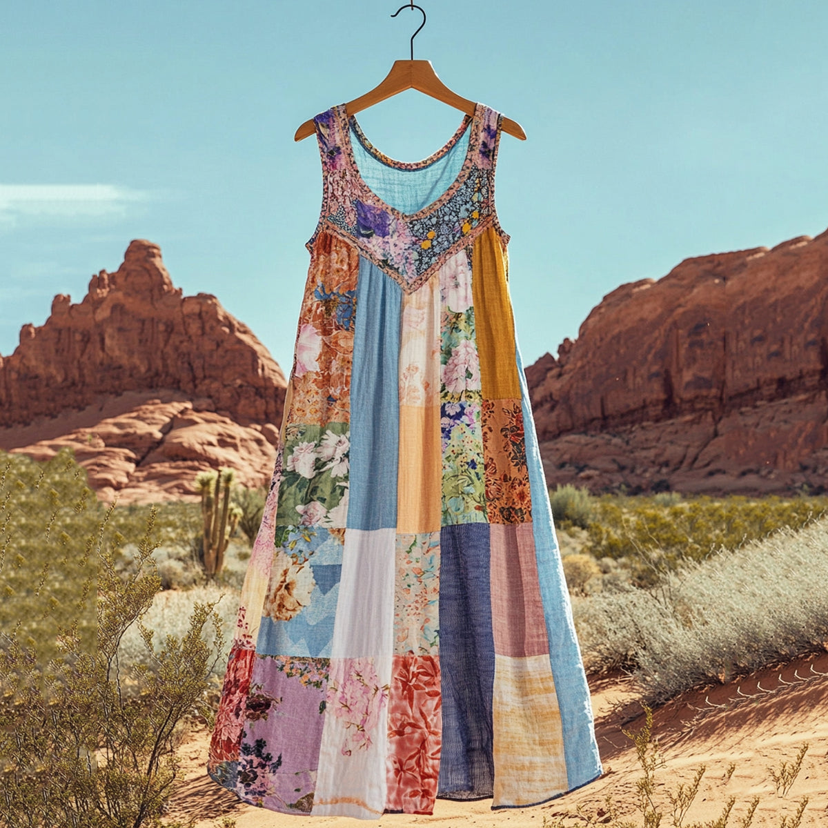 Women's Retro Geometric Floral Linen Tank Dress artswardrobe