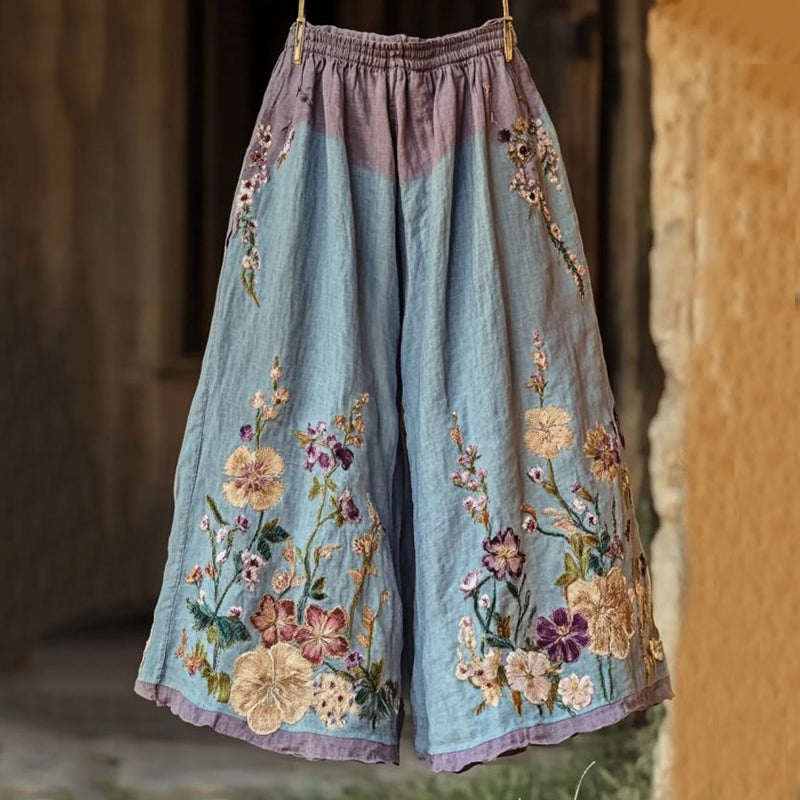 Vintage Floral Embroidered Art Casual Linen Pants artswardrobe