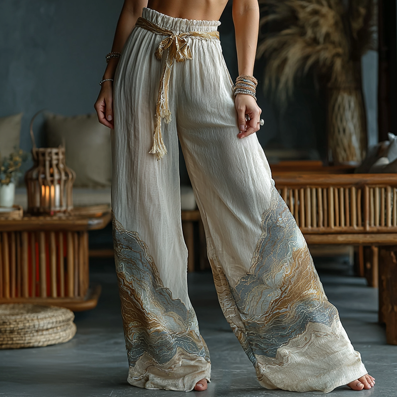 Classy Purple Lavender And Floral Embroidered Art Linen Pants artswardrobe