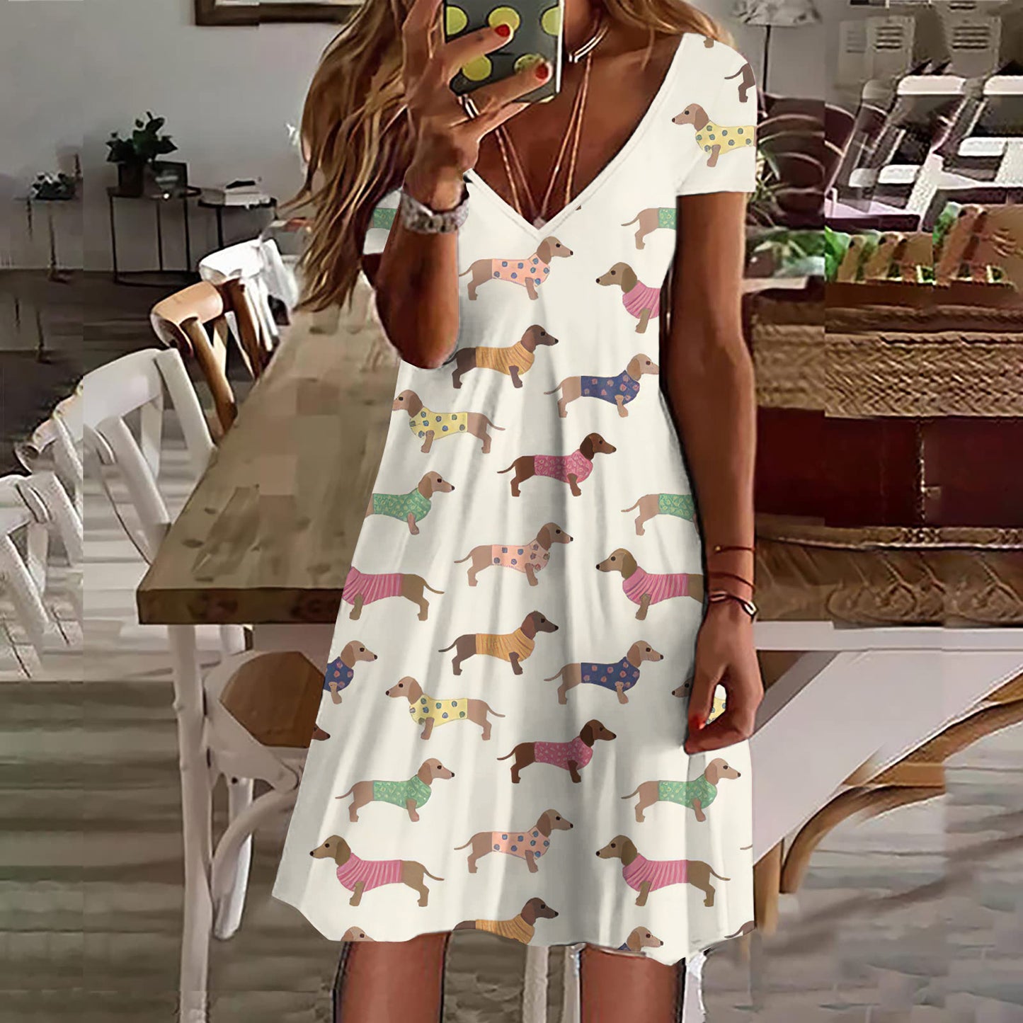 Women's Vintage Dachshund Casual Short Sleeve Dress artswardrobe