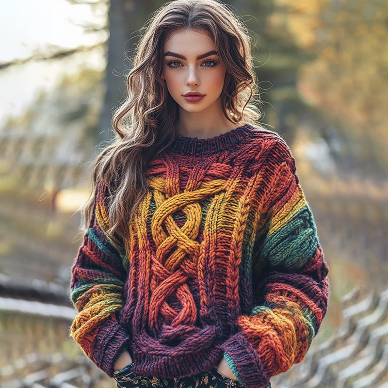 Women's Celtic Knot Art Knit Jacquard Crew Neck Sweater elevenforest