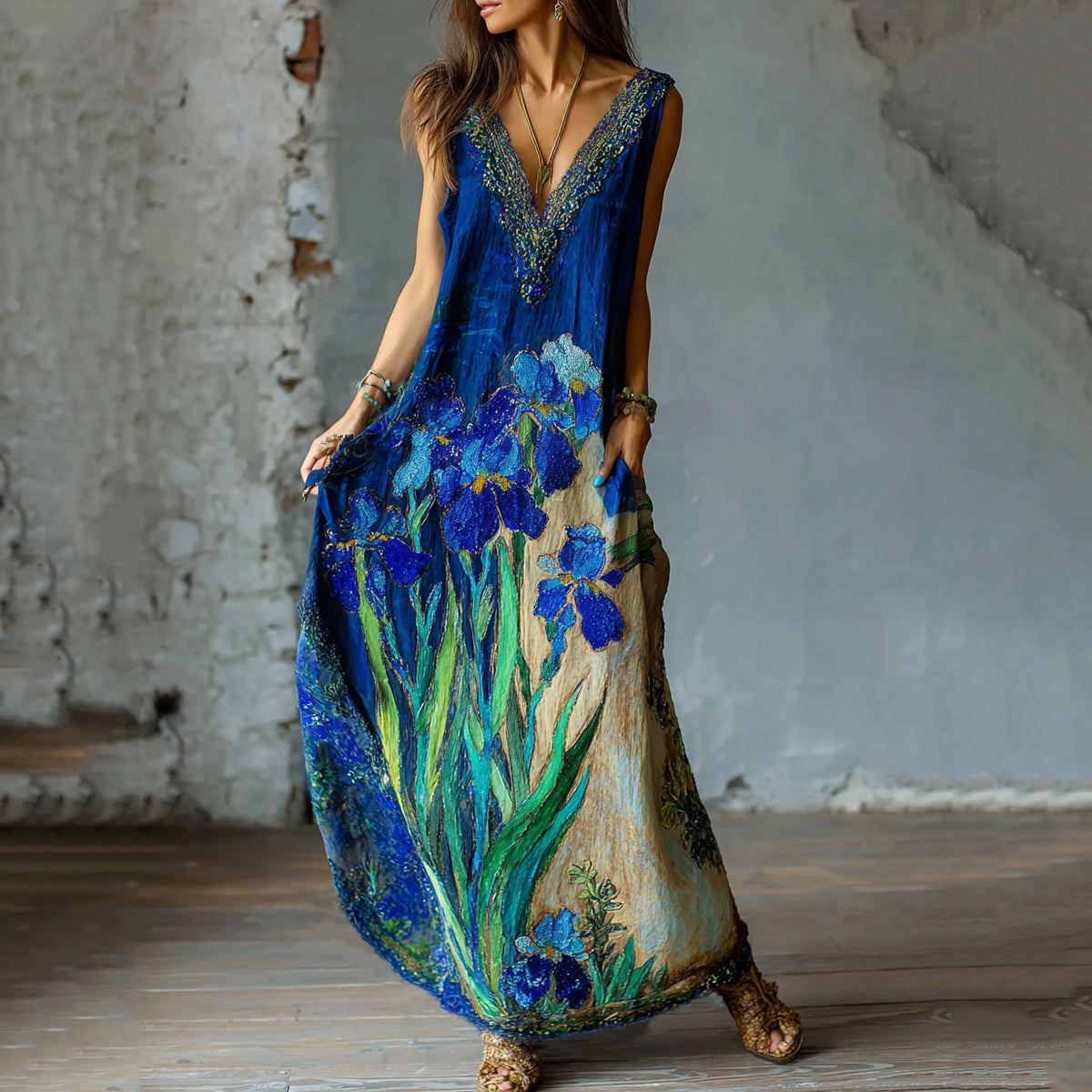 Women's Oil Painting Blooming Apricot Linen Sleeveless Maxi Dress artswardrobe