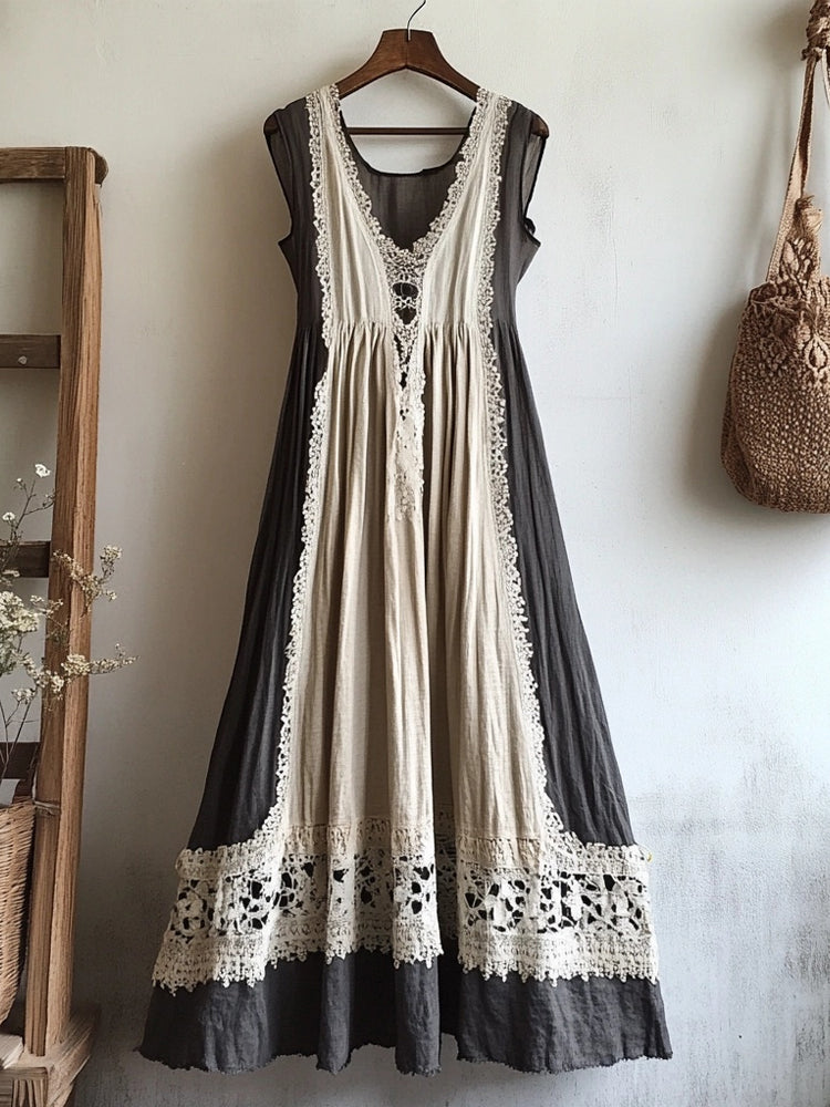 Vintage Lace Patchwork Sleeveless Linen Dress artswardrobe