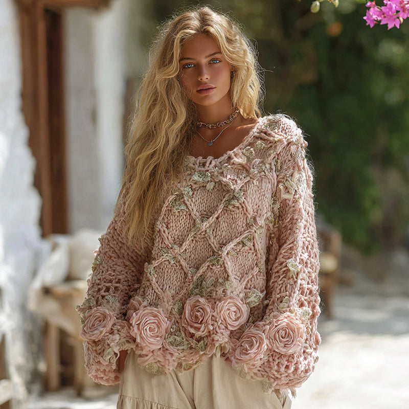 Women's Boho Rose Chunky Knit Crew Neck Aran Sweater elevenforest